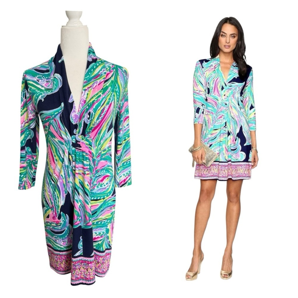 Lilly Pulitzer Margate Dress XS Dont Leave Me Hanging Pink Green V Neck Jersey